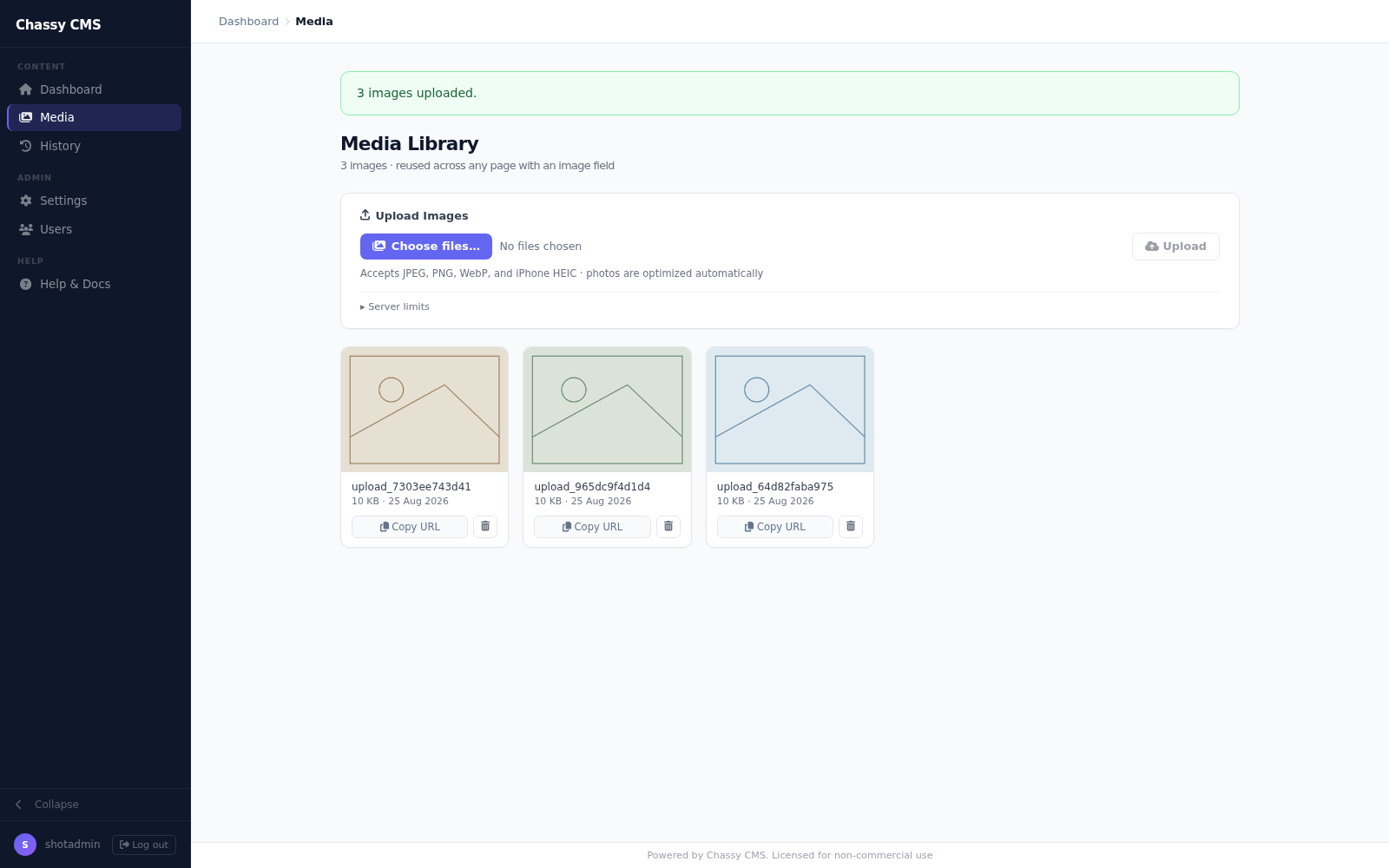 Chassy CMS media library showing a grid of three uploaded images with file size and upload date.