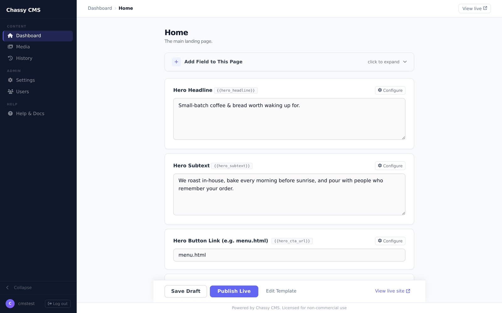 Chassy CMS page editor showing plain text fields for a homepage hero headline, subtext, and button link.